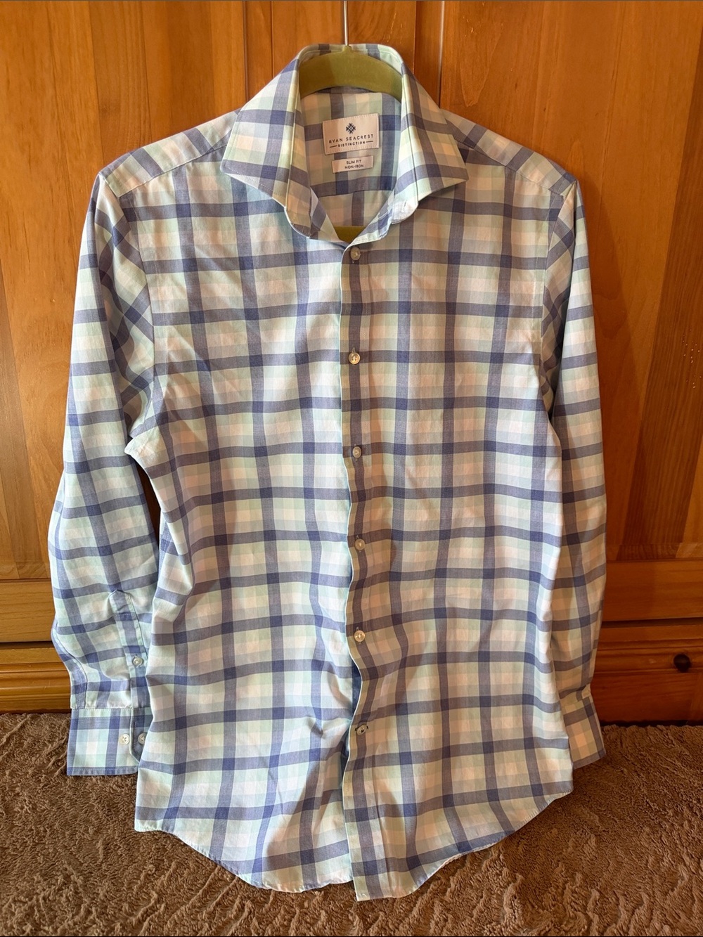 Ryan Seacrest Distinction Light Blue/White Plaid Dress Shirt slim fit 14.5/32-33
